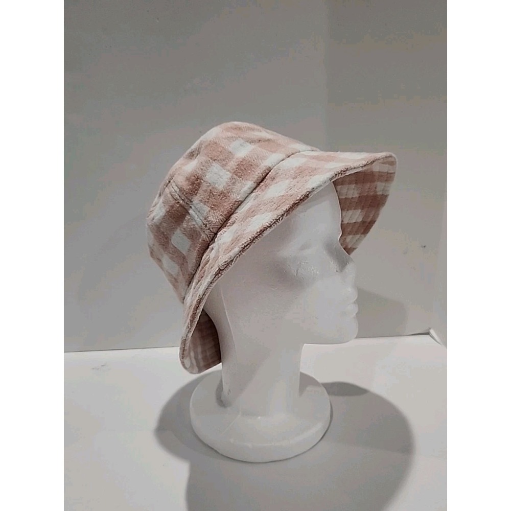 David and Young Plaid Bucket Hat Cap Pink & White Plaid Fleece One Size Fits All